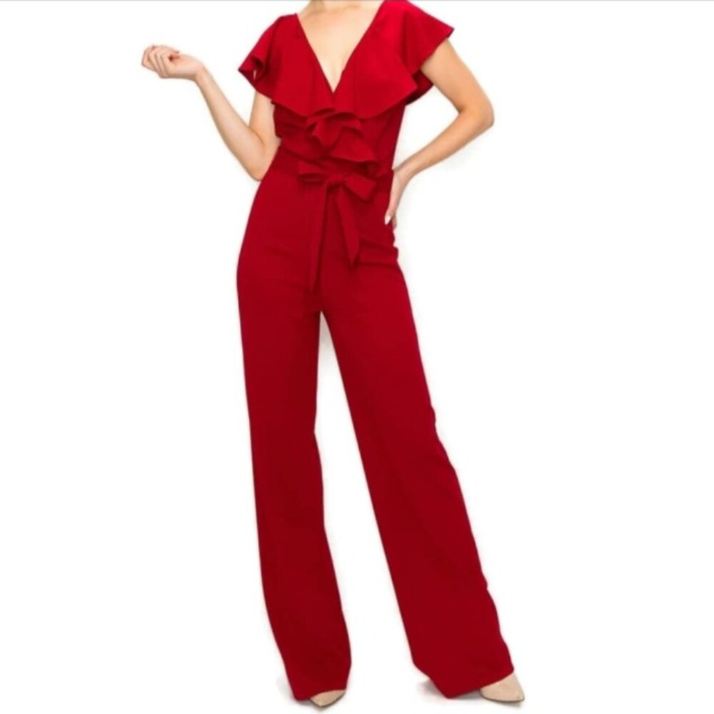 Janette Fashion Red Ruffle V-neck Wide Leg Sleeveless Casual Jumpsuit